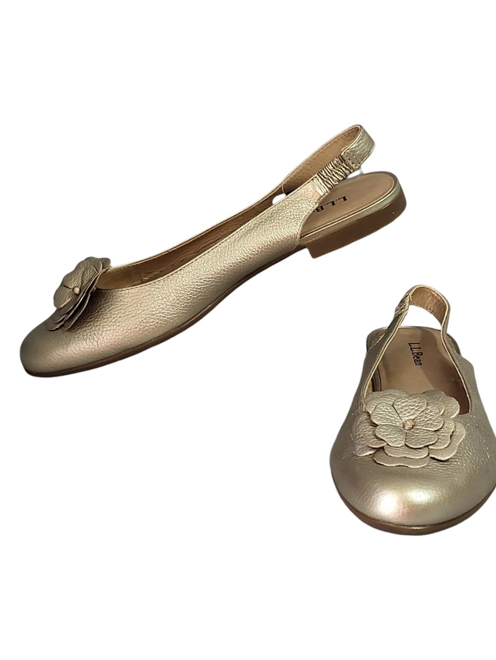 LL Bean Camden Ballerina Slingback Flats Shoes Sz 8.5M Sable Metallic Flower NWT